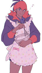  1boy :q apron black_hair black_hoodie blue_eyes blush bowl closed_mouth collared_shirt commentary_request dark-skinned_male dark_skin earrings holding holding_bowl holding_whisk hood hoodie jewelry looking_down male_focus meiji_(meiji770) mixing_bowl musical_note orange_headwear pokemon pokemon_swsh raihan_(pokemon) shirt shorts simple_background smile solo tongue tongue_out whisk white_background 