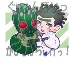  2boys chibi cioccolata earrings facepaint facial_mark green_day_(stand) green_eyes green_hair highres jewelry jojo_no_kimyou_na_bouken lipstick makeup male_focus multiple_boys purple_lips sano_(hospital_0434) stand_(jojo) vento_aureo 