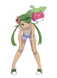  bare_shoulders bent_over blank_eyes bounsweet breasts cleavage commentary dark-skinned_female dark_skin female flower full_body green_eyes green_footwear green_hair grey_overalls hair_flower hair_ornament hands_on_own_knees happy leaning_forward legs legs_apart long_hair looking_at_another mallow_(pokemon) open_mouth overalls pigeon-toed pink_flower pink_shirt pokemon pokemon_(creature) pokemon_sm shiny_skin shirt shoes simple_background small_breasts smile squid_neetommy standing strapless strapless_shirt swept_bangs teeth tongue twintails white_background yellow_eyes 