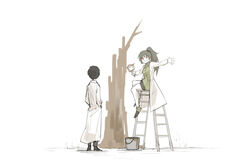  1boy :d ayin_(project_moon) black_hair bucket carmen_(project_moon) collared_shirt commentary_request female from_behind from_side full_body green_shirt grey_hair holding holding_paintbrush kankan33333 lab_coat ladder lobotomy_corporation paintbrush painting_(action) project_moon red_eyes shirt shorts smile 