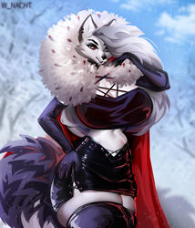  2022 anthro armwear big_breasts black_latex blurred_background bottomwear breasts breath canid canid_demon canine cloak clothed clothing colored crop_top demon digital_drawing_(artwork) digital_media_(artwork) ear_piercing ear_ring elbow_gloves eyebrow_slit eyebrows eyeliner eyshadow female fur fur_collar glistening glistening_bottomwear glistening_clothing glistening_legwear gloves grey_body grey_fur grey_hair grey_pupils hair hair_over_eye hair_over_shoulder hair_to_side hand_on_hip handwear hellhound helluva_boss hi_res latex latex_bottomwear latex_clothing latex_legwear legwear long_hair long_sleeve_gloves loona_(helluva_boss) makeup mammal mascara miniskirt mythological_canine mythological_creature mythology one_eye_obstructed piercing pupils red_sclera ring_piercing shaded shirt signature skirt snow solo thick_thighs thigh_highs topwear white_body white_eyes white_fur wide_hips winter winter_nacht 