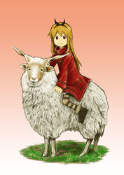  absurdres black_footwear black_hairband blonde_hair dress female gradient_background grass hairband highres long_hair long_sleeves looking_at_viewer pantyhose red_background red_dress red_eyes riding ryushika ryushika_ryushika sheep smile solo striped_clothes striped_pantyhose white_background yasu_(shijimi_8) 