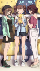  3girls aged_up bag bow bowtie breasts brown_eyes brown_hair cardcaptor_sakura cellphone cleavage closed_mouth commentary_request crop_top embarrassed glasses hat highres holding kero_(cardcaptor_sakura) laofuzi_dai_bansho looking_at_another md5_mismatch mihara_chiharu multiple_girls open_mouth parted_bangs phone red_bow red_bowtie sasaki_rika shirt shopping shopping_bag smartphone smile standing stuffed_animal stuffed_toy suppi sweatdrop twintails white_wings wings yanagisawa_naoko 