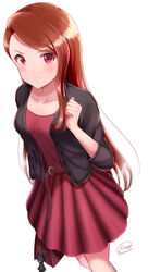  arm_up bag black_jacket blush breasts brown_hair charm_(object) collarbone dress female frown handbag highres idolmaster idolmaster_(classic) idolmaster_2 jacket long_hair looking_at_viewer minase_iori red_dress red_eyes runmo77 sidelocks simple_background small_breasts solo stuffed_animal stuffed_rabbit stuffed_toy usa-chan_(idolmaster) white_background 