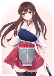  absurdres akagi_(kancolle) akagi_kai_ni_(kancolle) archery black_thighhighs bow_(weapon) brown_eyes brown_hair female flight_deck gloves hakama hakama_short_skirt hakama_skirt highres holding holding_bow_(weapon) holding_weapon japanese_clothes kantai_collection kyuudou long_hair meteor_tail28 muneate partially_fingerless_gloves red_hakama ribbon-trimmed_sleeves ribbon_trim single_glove skirt solo straight_hair tasuki thighhighs weapon yugake yumi_(bow) 