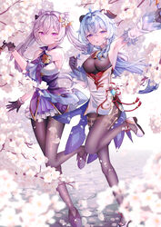  2girls absurdres ahoge bare_shoulders bell black_pantyhose blue_hair bow_(weapon) breasts choker covered_nipples detached_sleeves double_bun dress flower frilled_gloves frills full_body ganyu_(genshin_impact) genshin_impact gloves gold_trim hair_bun hair_ears hair_ornament high_heels highres holding holding_bow_(weapon) holding_sword holding_weapon horns keqing_(genshin_impact) leg_up long_hair looking_at_viewer medium_breasts mochi_mochi052 multiple_girls neck_bell open_mouth pantyhose purple_choker purple_dress purple_eyes purple_gloves purple_hair sideboob sidelocks standing sword tassel thighlet thighs vision_(genshin_impact) waist_cape weapon white_flower white_sleeves 