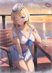  absurdres between_legs blonde_hair blue_eyes blue_ribbon braid breasts cleavage collarbone collared_shirt covered_nipples crop_top crop_top_overhang cup diowlsama drinking_glass female front-tie_top hand_between_legs happy_new_year hat hayasaka_ai haysaca_a._smithee highres kaguya-sama_wa_kokurasetai_~tensai-tachi_no_renai_zunousen~ long_hair looking_at_viewer midriff miniskirt new_year no_bra one_eye_closed outdoors pleated_skirt ribbon sailor sailor_collar sailor_hat sailor_shirt shirt short_sleeves skirt smile solo water white_hat white_shirt white_skirt wine_glass 