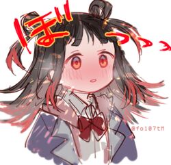  black_hair blush female flustered magia_record:_mahou_shoujo_madoka_magica_gaiden mahou_shoujo_madoka_magica multicolored_hair ooba_juri parted_lips red_eyes red_hair ryuugasaki_academy_school_uniform school_uniform solo sound_effects totte upper_body white_background 