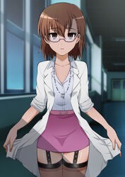  absurdres belt black_eyes black_thighhighs blank_eyes blue_shirt brown_hair chiyu_(bokunopiko) coat collarbone collared_shirt cowboy_shot doctor expressionless female gacha garter_straps glasses heart heart_necklace highres holding holding_clothes hospital indoors jewelry lab_coat long_sleeves looking_at_viewer medium_hair miniskirt misaka_imouto misaka_imouto_10032 necklace night official_alternate_costume open_clothes open_coat open_mouth parted_bangs pink_skirt see-through see-through_legwear shirt skirt sleeves_rolled_up solo standing thigh_gap thighhighs toaru_majutsu_no_index toaru_majutsu_no_index:_imaginary_fest 