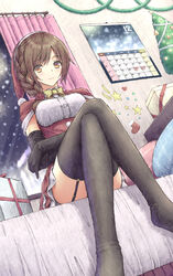  aramachi bed_sheet bell black_gloves black_thighhighs bow bowtie braid braided_ponytail breasts brown_eyes brown_hair calendar_(object) capelet christmas christmas_lights christmas_ornaments christmas_stocking christmas_tree crossed_arms crossed_legs curtains december dress elbow_gloves english_text female from_below garter_straps gift gloves hair_ornament hair_over_shoulder hair_scrunchie hat heart highres idolmaster idolmaster_cinderella_girls indoors looking_at_viewer medium_breasts night on_bed pillow red_hat red_scrunchie santa_costume santa_dress santa_hat scrunchie senkawa_chihiro sitting snowing solo star_(symbol) thighhighs window yellow_bow yellow_bowtie 