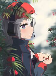  +_+ beret blue_eyes blue_jacket blush braid braided_ponytail closed_mouth female flower-shaped_pupils girls&#039;_frontline grey_hair hat headphones headphones_over_headwear highres hinami047 jacket long_hair looking_at_viewer looking_to_the_side ots-12_(girls&#039;_frontline) red_hat simple_background solo star-shaped_pupils star_(symbol) symbol-shaped_pupils 