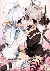  2girls absurdres ahoge animal_ears bandaged_tail bandaid bandaid_on_neck bell black_nails black_sailor_collar black_skirt black_thighhighs blue_sailor_collar blue_skirt blush bow bowtie cat_ears cat_girl cat_tail cat_teaser choker commentary_request crossed_bangs food_in_mouth frilled_choker frilled_sailor_collar frilled_skirt frills gradient_background grey_hair hair_between_eyes highres holding_hands juliet_sleeves kmnk_(kumanuko) long_bangs long_hair long_sleeves looking_at_viewer loose_socks multiple_girls oerba_yun_fang open_mouth original pink_background pink_bow pink_eyes pink_thighhighs plant polka_dot polka_dot_background puffy_sleeves sailor_collar school_uniform serafuku sitting skin_fang skirt socks striped_clothes striped_thighhighs tail thighhighs twintails two-tone_thighhighs wariza white_hair white_socks yuri 