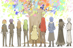  4boys 5girls arms_behind_back binah_(project_moon) black_hair blonde_hair blue_hair boots brown_hair chesed_(project_moon) cloak cup from_behind full_body fur_cloak gebura_(project_moon) gradient_hair green_hair grey_hair hand_in_pocket hand_on_own_hip hands_on_own_hips hod_(project_moon) hokma_(project_moon) holding holding_cup kankan33333 lobotomy_corporation long_coat long_hair malkuth_(project_moon) multicolored_hair multiple_boys multiple_girls netzach_(project_moon) project_moon purple_hair red_hair standing tiphereth_a_(project_moon) tree very_long_hair yesod_(project_moon) 