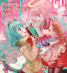  2girls angel animal_ears apron blunt_bangs candy cat_ears cat_girl cat_tail chocolate food futaba_sana futaba_sana_(winter_costume) green_hair hair_ornament hairclip happy_valentine heart heart-shaped_chocolate highres magia_record:_mahou_shoujo_madoka_magica_gaiden mahou_shoujo_madoka_magica multiple_girls pink_hair sleeves_rolled_up sweater tail tamaki_iroha totte valentine yuri 