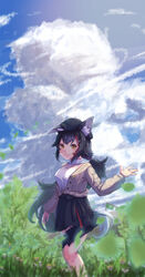  absurdres animal_ear_fluff animal_ears black_hair breasts closed_mouth cloud female grass hair_between_eyes hair_ornament hairclip hat highres hololive leaf long_hair meadow mihaeru multicolored_hair official_alternate_costume ookami_mio ookami_mio_(street) open_mouth outdoors ponytail red_hair sky smile solo streaked_hair tail virtual_youtuber wolf_ears wolf_girl wolf_tail yellow_eyes 