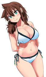  amano_megumi amano_megumi_wa_suki_darake! arms_behind_back bikini blue_bikini blue_eyes blush breasts brown_hair cleavage female highres long_hair navel nekoguchi simple_background smile solo swimsuit white_background 