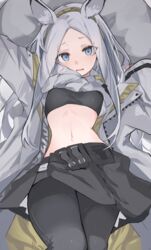  animal_ears arknights bad_id bad_pixiv_id black_bra black_pantyhose black_skirt blue_eyes blush bra cowboy_shot female green_hairband grey_hair grey_jacket hairband heavyrain_(arknights) highres horse_ears jacket long_hair looking_at_viewer lying midriff mikozin navel on_back open_clothes open_jacket open_mouth pantyhose skirt solo underwear 