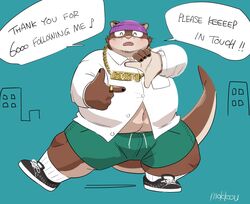  2021 anthro belly bottomwear brown_body brown_fur closed_eyes clothing english_text fur hat headgear headwear hi_res humanoid_hands kemono male mammal navel overweight overweight_anthro overweight_male shirt shorts solo text topwear uokkom 