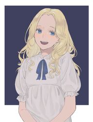  :d arms_at_sides blonde_hair blue_background blue_eyes blue_ribbon border camisole commentary curly_hair eyelashes female flat_chest frilled_sleeves frills half-closed_eyes happy long_hair looking_at_viewer marnie_(omoide_no_marnie) neck_ribbon omoide_no_marnie open_mouth puffy_short_sleeves puffy_sleeves ribbon short_sleeves shousen_misako simple_background smile solo standing teeth upper_body upper_teeth_only v_arms white_border 