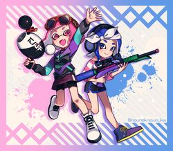  2girls :d arm_up bike_shorts black_shorts black_skirt blue_background blue_eyes blue_footwear blue_hair blue_jacket blunt_bangs closed_mouth commentary dolphin_shorts eyewear_on_head green_jacket headband headphones highres holding holding_weapon inkling inkling_(language) inkling_girl inkling_player_character jacket leg_up logo long_sleeves looking_at_viewer luna_blaster_(splatoon) medium_hair miniskirt multicolored_background multicolored_clothes multicolored_jacket multiple_girls nou_(nounknown) octoling octoling_girl octoling_player_character oerba_yun_fang open_mouth paint_splatter pink_background pink_eyes pink_hair pink_shirt pointy_ears protected_link red-framed_eyewear scope shirt shoes short_hair short_shorts shorts shorts_under_skirt single_vertical_stripe skin_fang skirt smile splat_charger_(splatoon) splatoon_(series) splatoon_2 standing standing_on_one_leg straight-laced_footwear striped_clothes striped_shirt suction_cups sunglasses tentacle_hair twitter_username walking waving weapon white_footwear white_headband zipper 