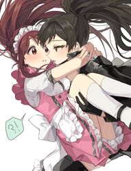  2girls absurdres apron black_gloves black_jacket brown_eyes brown_hair carrying dress frilled_apron frilled_dress frills gloves hano9789 high_ponytail highres idolmaster idolmaster_million_live! jacket kitazawa_shiho kneehighs long_hair long_sleeves maid_apron maid_headdress multiple_girls official_alternate_costume open_mouth pink_dress pretty_waitress_(idolmaster) puffy_short_sleeves puffy_sleeves short_sleeves socks tanaka_kotoha underbust waist_apron white_apron white_socks 