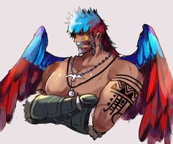  1boy absurdres alternate_hair_color arm_tattoo bara beard blue_eyes blue_hair blue_wings braid cropped_torso crossed_arms dark-skinned_male dark_skin facial_hair feathered_wings final_fantasy final_fantasy_xiv headband highres jewelry korean_commentary large_pectorals long_hair looking_to_the_side lyon_rem_helsos male_focus mature_male moustache multicolored_hair muscular muscular_male necklace nipples old old_man pectorals red_hair red_wings ry_mangdung solo split-color_hair tattoo tooth_necklace topless_male two-tone_hair white_hair wings 