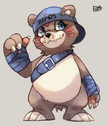  2013 3_fingers 3_toes accessory anthro backwards_baseball_cap backwards_hat bandage bandai_namco baseball_cap bear bearmon blue_eyes brown_body brown_fur claws clothing daww digimon digimon_(species) digital_media_(artwork) fangs feet fingers full-length_portrait fur grey_background hat headgear headwear male mammal markings pawpads portrait red_markings shaded signature simple_background solo standing suikuzu suizilla teeth toes 