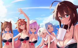  6+girls adapted_costume ahoge ball beachball beret bikini black_bikini black_hair blonde_hair blue_eyes blue_hair blue_sky breasts brown_eyes brown_hair cleavage cloud commentary_request day drinking_straw grin hairband harusame_(kancolle) hat highres kantai_collection lanthan medium_breasts multiple_girls murasame_(kancolle) murasame_(swimsuit)_(kancolle) outdoors pink_hair samidare_(kancolle) shigure_(kancolle) shigure_kai_ni_(kancolle) shigure_kai_ni_(swimsuit)_(kancolle) shiratsuyu_(kancolle) shiratsuyu_(swimsuit)_(kancolle) shiratsuyu_kai_ni_(kancolle) side_ponytail sky smile swimsuit tumbler twintails upper_body waving white_headwear yuudachi_(kancolle) yuudachi_kai_ni_(kancolle) yuudachi_kai_ni_(swimsuit)_(kancolle) 