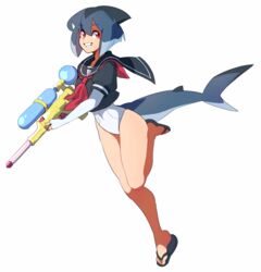  azuumori black_footwear black_sailor_collar black_shirt blue_hair commentary english_commentary female fins fish_tail full_body highres leg_up looking_at_viewer mako_(azuumori) neckerchief one-piece_swimsuit original parted_lips puffy_short_sleeves puffy_sleeves red_eyes red_neckerchief sailor_collar sandals shark_fin shark_girl shark_tail sharp_teeth shirt short_hair short_sleeves simple_background smile solo standing swimsuit swimsuit_under_clothes tail teeth water_gun white_background white_one-piece_swimsuit 