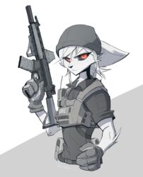  2019 anthro armor black_nose black_sclera body_armor clothing endjfcar fur gloves gun half-length_portrait handwear hi_res looking_at_viewer male mammal military military_uniform portrait ranged_weapon red_eyes rifle shirt simple_background solo topwear trigger_discipline uniform weapon white_body white_fur 