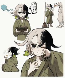  1boy aged_down ashiya_douman_(fate) asymmetrical_hair black_eyes black_hair collage curly_hair earrings fate/grand_order fate_(series) fingernails green_kimono green_nails hair_between_eyes highres japanese_clothes jewelry kimono lolicon long_hair magatama magatama_earrings male_focus multicolored_hair o-djiko sharp_fingernails solo_focus split-color_hair translated two-tone_hair very_long_fingernails very_long_hair white_hair 