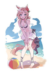  :d absurdres alternate_costume animal_ears ball barefoot beach beachball bikini blonde_hair blue_eyes blush breasts cleavage collarbone commentary dixie_cup_hat female flower full_body hair_flower hair_ornament hat highres horse_ears horse_girl horse_tail medium_breasts military_hat miniskirt mola_mola pleated_skirt skirt smile solo swimsuit tail umamusume venus_paques_(umamusume) white_skirt 