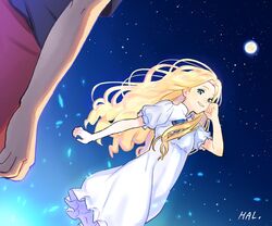  2girls anna_(omoide_no_marnie) arm_at_side artist_name blonde_hair blue_eyes blue_ribbon blue_shirt commentary_request curly_hair dress dutch_angle eyelashes flat_chest floating_hair frilled_dress frilled_sleeves frills full_moon glowing half-closed_eyes hand_on_own_cheek hand_on_own_face hand_up high_collar honoboooono long_hair looking_at_another looking_to_the_side marnie_(omoide_no_marnie) moon multiple_girls neck_ribbon night night_sky omoide_no_marnie outdoors parted_lips protected_link puffy_short_sleeves puffy_sleeves red_shorts ribbon shirt short_sleeves shorts sky smile star_(sky) starry_sky upper_body white_dress 