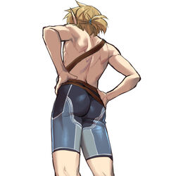  1boy ass back blonde_hair facing_away from_behind from_below hands_on_own_hips legs_apart link male_focus medium_hair monbetsu_kuniharu pointy_ears short_ponytail shorts simple_background skin_tight solo standing the_legend_of_zelda the_legend_of_zelda:_breath_of_the_wild topless_male white_background 