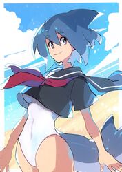  azuumori beach black_sailor_collar black_shirt blue_hair blue_sky cloud cloudy_sky covered_navel cowboy_shot day female fins fish_tail hair_between_eyes highres looking_at_viewer mako_(azuumori) multicolored_hair neckerchief one-piece_swimsuit original outdoors purple_eyes red_neckerchief sailor_collar shark_fin shark_girl shark_tail shirt short_sleeves sky smile solo standing swimsuit swimsuit_under_clothes tail white_one-piece_swimsuit 