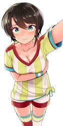  aomushi_(mushamusha) arm_scrunchie blue_eyes blush breasts brown_hair cleavage female highres hololive kabedon looking_at_viewer oozora_subaru oozora_subaru_(1st_costume) shirt short_hair smile solo striped_clothes striped_shirt swept_bangs vertical_stripes virtual_youtuber white_background 