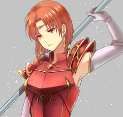  anzk232 armor circlet closed_mouth earrings elbow_gloves female fire_emblem fire_emblem:_the_binding_blade fire_emblem_heroes gloves headpiece holding holding_weapon jewelry melady_(fire_emblem) red_armor red_eyes red_hair short_hair solo weapon 