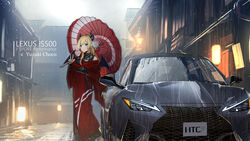  black_horns blonde_hair blue_eyes car character_name city closed_mouth commentary_request demon_girl demon_horns demon_wings feet_out_of_frame female gradient_hair grey_car highres holding holding_umbrella hololive horns japanese_clothes kimono lexus lexus_is lexus_is500 long_hair long_sleeves motor_vehicle multicolored_hair nail_polish outdoors pointy_ears rain red_hair red_kimono red_nails solo standing swept_bangs umbrella v vehicle_focus vehicle_name virtual_youtuber wings you&#039;a yuzuki_choco 