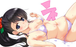  bikini black_hair blush breasts closed_mouth commentary female flower groin hair_flower hair_ornament halterneck hirowa_nagi idolmaster idolmaster_cinderella_girls kurihara_nene long_hair looking_at_viewer lying medium_breasts navel on_back ponytail red_flower side-tie_bikini_bottom simple_background smile solo string_bikini swimsuit w_arms wet white_background white_bikini 