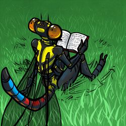  1:1 2014 2_toes amber_eyes antennae_(anatomy) anthro arthropod biped black_body book cecil_(mortisreptus) damselfly digital_drawing_(artwork) digital_media_(artwork) feet grass holding_book holding_object insect_wings insects looking_back male mortisreptus multi_arm multi_limb multicolored_tail outside plant sitting solo tail toes wings yellow_body 