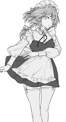  apron back_bow bow breasts closed_mouth cowboy_shot dress female frilled_apron frills garter_straps garters gin_fragrans greyscale highres izayoi_sakuya long_sleeves maid maid_apron maid_headdress medium_breasts monochrome short_dress short_hair sock_garters thighhighs touhou waist_apron 