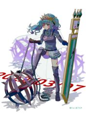  ball_and_chain_(weapon) blood blood_on_face chains crown female futaba_sana green_eyes green_hair highres injury magia_record:_mahou_shoujo_madoka_magica_gaiden magical_girl mahou_shoujo_madoka_magica pavise shield solo spiked_ball_and_chain spikes totte weapon 