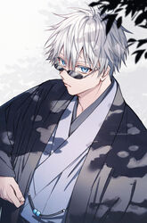  1boy blue_eyes closed_mouth colored_eyelashes coyucom gojou_satoru haori japanese_clothes jujutsu_kaisen kimono looking_at_viewer male_focus short_hair simple_background solo sunglasses twitter_username upper_body white_background white_hair 