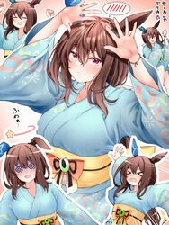  &gt;_&lt; @_@ admire_vega_(umamusume) animal_ears blue_kimono blush brown_hair ear_covers female hair_ribbon horse_ears horse_girl horseshoe_ornament japanese_clothes kimono long_hair looking_at_viewer low_ponytail multiple_views obi open_mouth purple_eyes red_hayao ribbon robe sash single_ear_cover spoken_blush star_(symbol) tracen_ondo_(song) tracen_ondo_outfit_(umamusume) umamusume white_ribbon yellow_robe yukata 