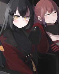  2girls black_hair black_shirt blush closed_eyes closed_mouth dandelion_(girls&#039;_frontline) girls&#039;_frontline gloves griffin_&amp;_kryuger_military_uniform highres hinami047 jacket long_hair looking_at_viewer multicolored_hair multiple_girls pink_hair ponytail red_gloves red_jacket shirt simple_background st_ar-15_(girls&#039;_frontline) turtleneck 