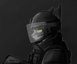  2018 6:5 ambiguous_gender anthro armor body_armor clothing endjfcar felid feline fur grey_body grey_fur hartman_(hunglee) headgear helmet hi_res lynx mammal police police_uniform riot_gear riot_police side_view simple_background solo uniform visor yellow_eyes 