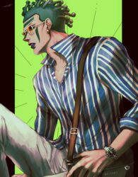  1boy absurdres alternate_costume casual cioccolata earrings facepaint facial_mark green_hair highres jewelry jojo_no_kimyou_na_bouken lipstick makeup male_focus pocketbook purple_lips sano_(hospital_0434) shirt solo striped_clothes striped_shirt sunglasses vertical-striped_clothes vertical-striped_shirt watch wristwatch 