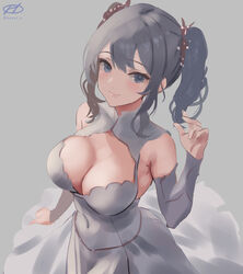  artist_name breasts cleavage commentary_request detached_sleeves dress female grey_background grey_eyes grey_hair haruto_(harut_n) kantai_collection kashima_(kancolle) large_breasts sidelocks simple_background solo twintails wavy_hair white_dress 