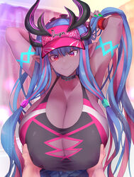  1boy armpits arms_behind_head arms_up asahi_(fullmetal_madness) bare_shoulders black_one-piece_swimsuit blue_hair blush body_markings breasts choker cleavage closed_mouth collarbone colored_skin commentary_request fate/grand_order fate_(series) female grabbing grabbing_another&#039;s_breast grey_skin horns huge_breasts ibuki_douji_(fate) ibuki_douji_(swimsuit_berserker)_(fate) ibuki_douji_(swimsuit_berserker)_(first_ascension)_(fate) long_hair looking_at_viewer multicolored_hair one-piece_swimsuit oni paizuri pink_hair pink_headwear pink_one-piece_swimsuit pointy_ears ponytail red_eyes sidelocks smile solo_focus straight swimsuit two-tone_hair two-tone_swimsuit visor_cap 