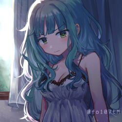  &gt;:( curly_hair dress female futaba_sana green_eyes green_hair hair_down indoors magia_record:_mahou_shoujo_madoka_magica_gaiden mahou_shoujo_madoka_magica sleeveless sleeveless_dress solo totte v-shaped_eyebrows waking_up 